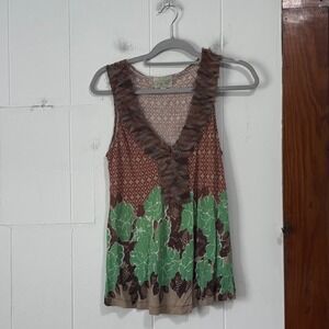 Deletta Anthropologie Womens Small‎ Ruffle V-Neck Floral Geometric Tank Top Boho